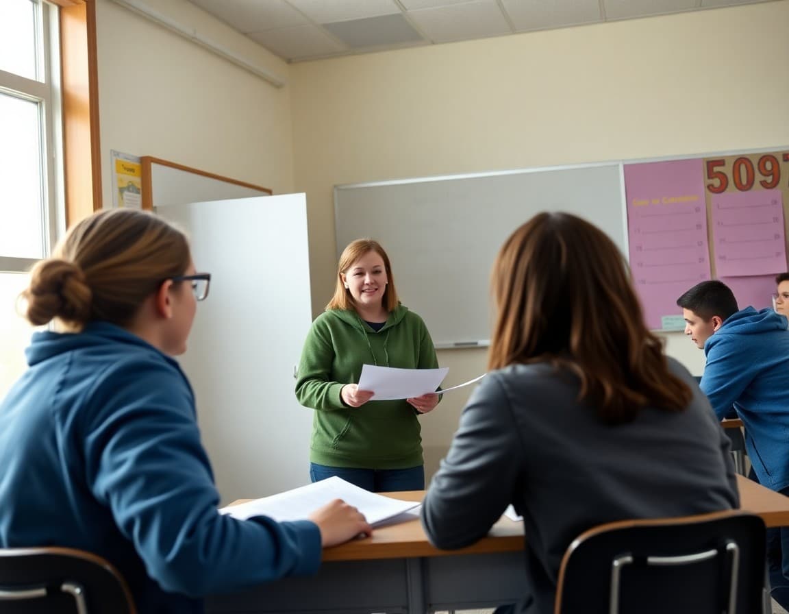 Alaska high school classroom with teacher reviewing course materials with students