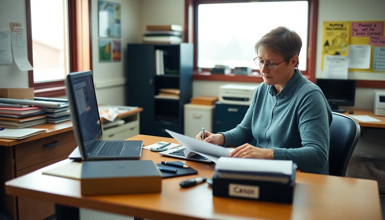 High school teacher in Alaska drafting a parent newsletter at a desk in a school office