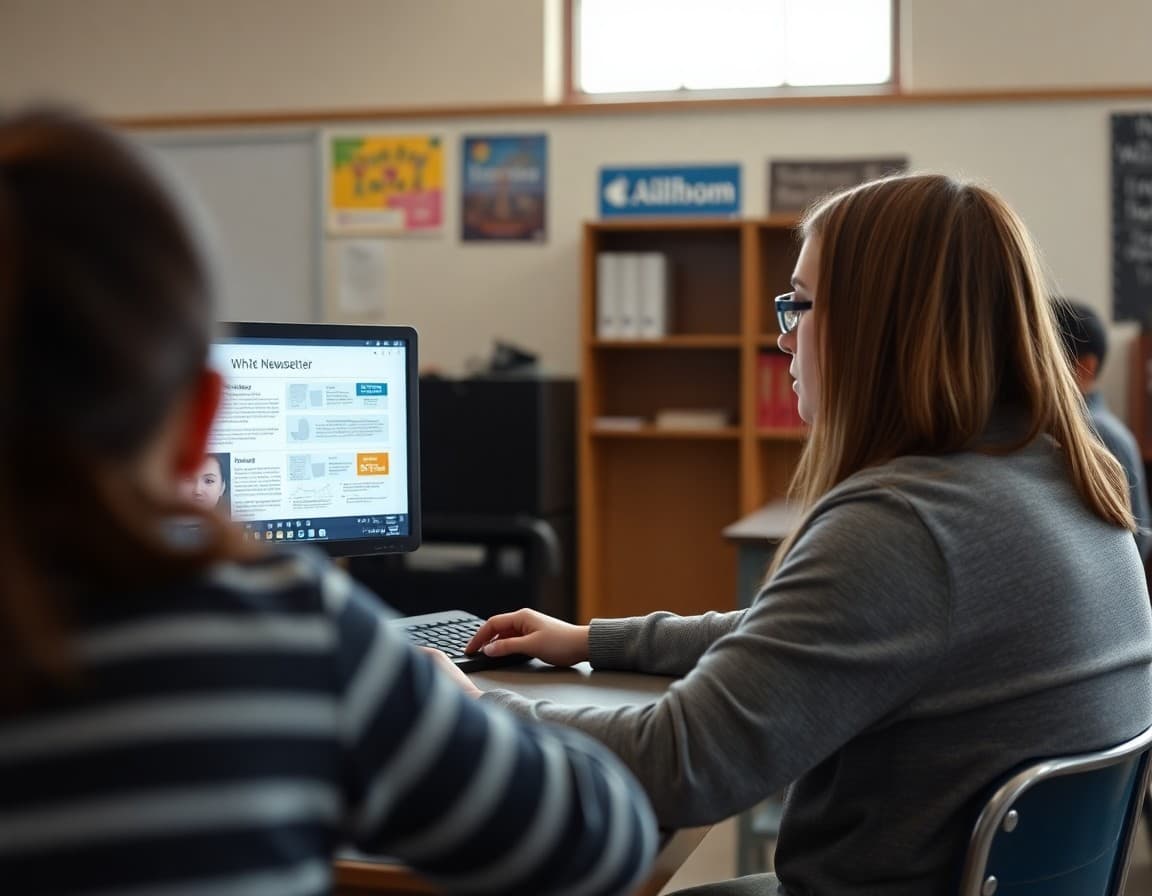 Alabama high school classroom with teacher reviewing newsletter content on computer