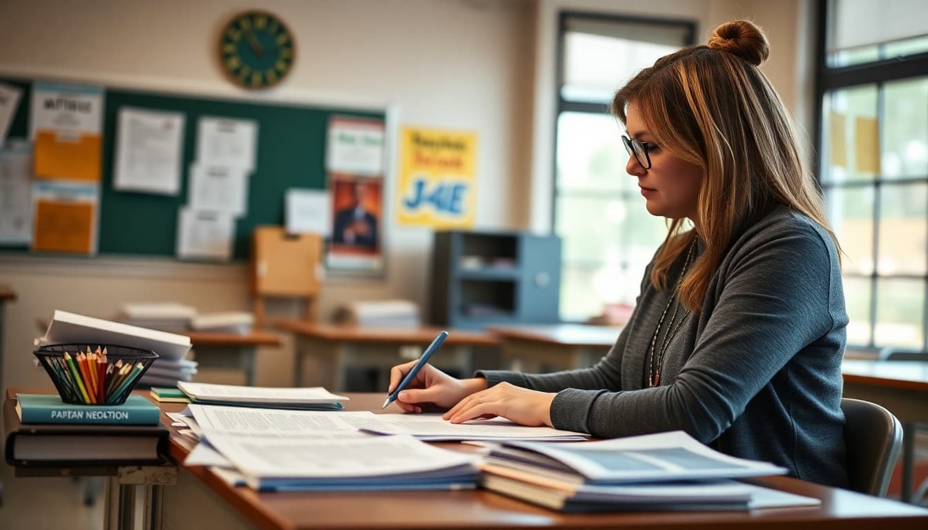 High school teacher in Alabama drafting a parent newsletter at a desk with student papers