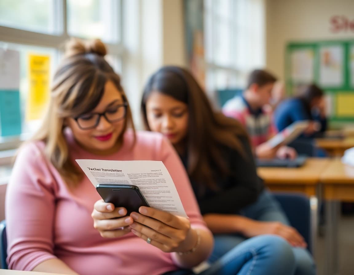Alabama high school parent reading a teacher newsletter on a smartphone