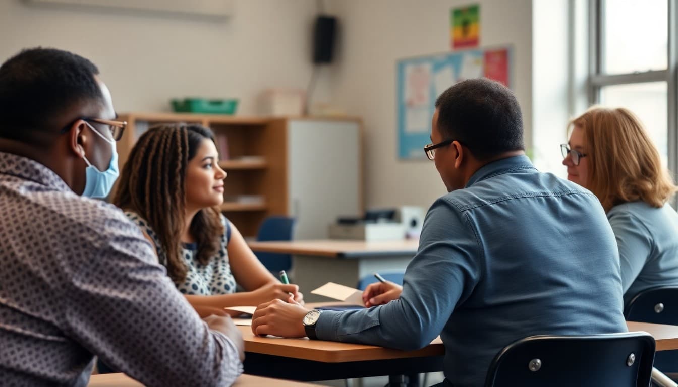 Alabama high school teacher meeting with parents in a classroom for a parent-teacher conference