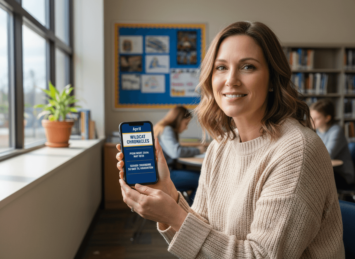 Parent reading April high school newsletter with prom dates, AP exam schedule, and senior countdown on phone