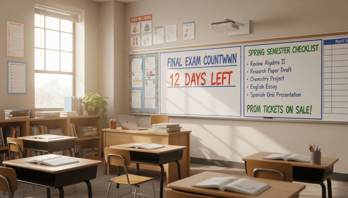 Ninth grade classroom April with final exam countdown and spring semester checklist on whiteboard