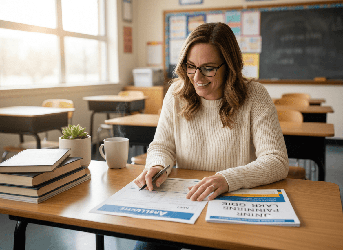 Tenth grade teacher reviewing April newsletter with junior year planning guide on desk