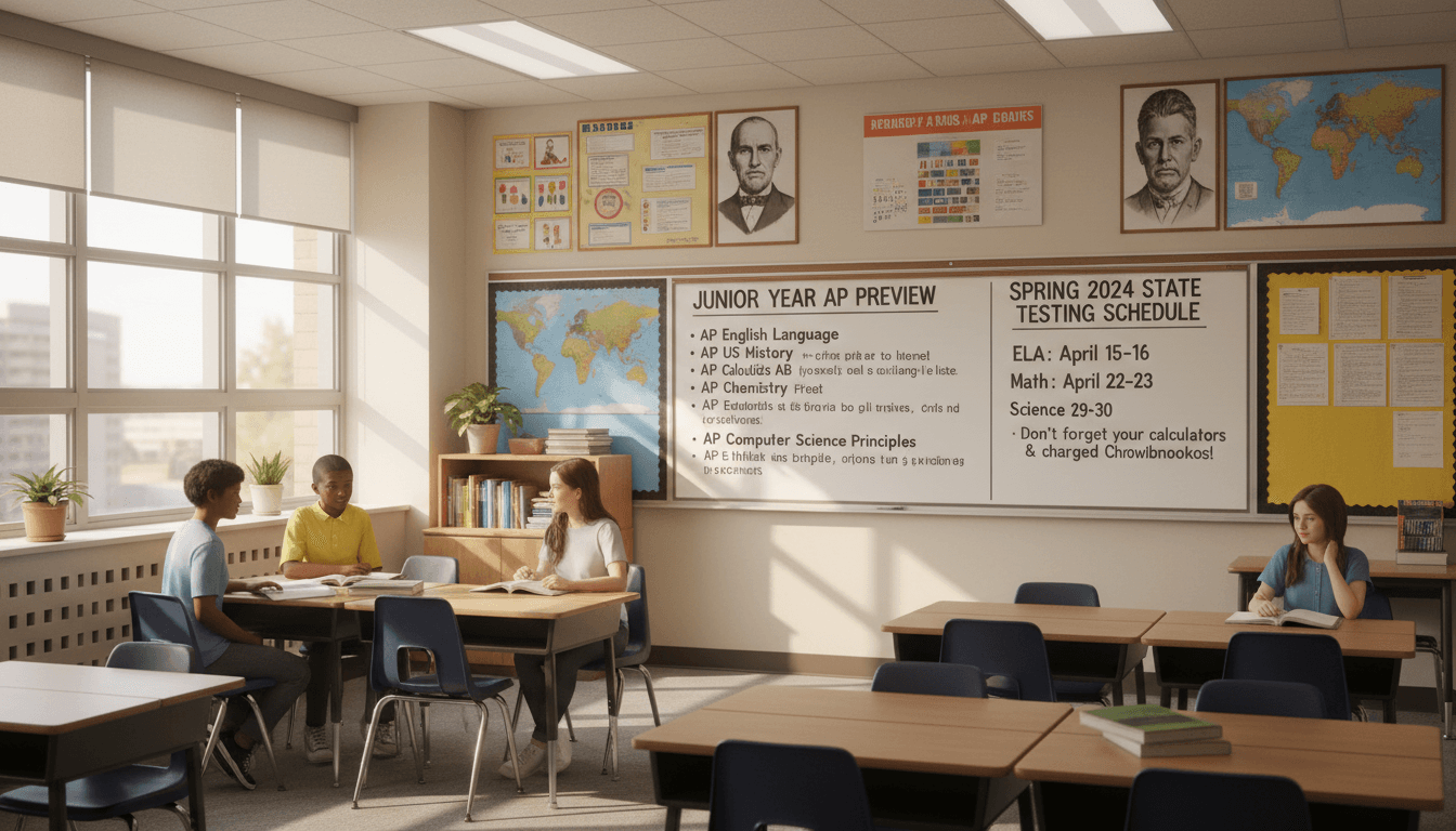 Tenth grade classroom April with junior year AP course preview and state testing schedule posted