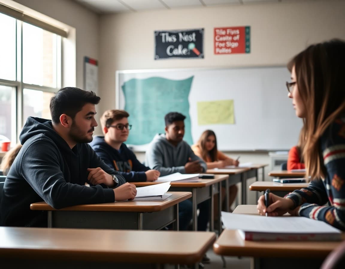 Arkansas high school students in a classroom with teacher discussing course requirements