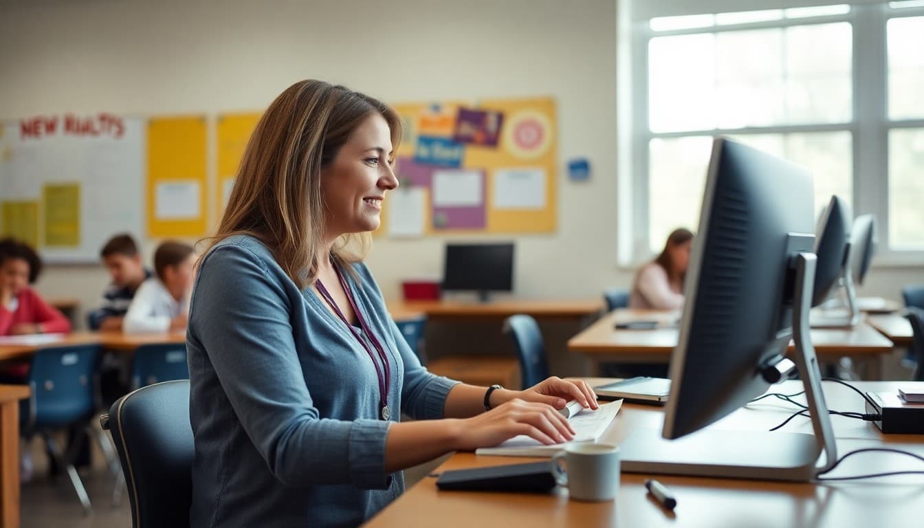 High school teacher in Arkansas drafting a parent newsletter at a computer in a classroom