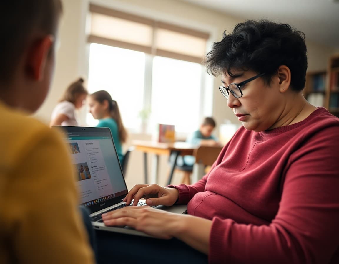 Arkansas parent reviewing teacher communication on a laptop at home