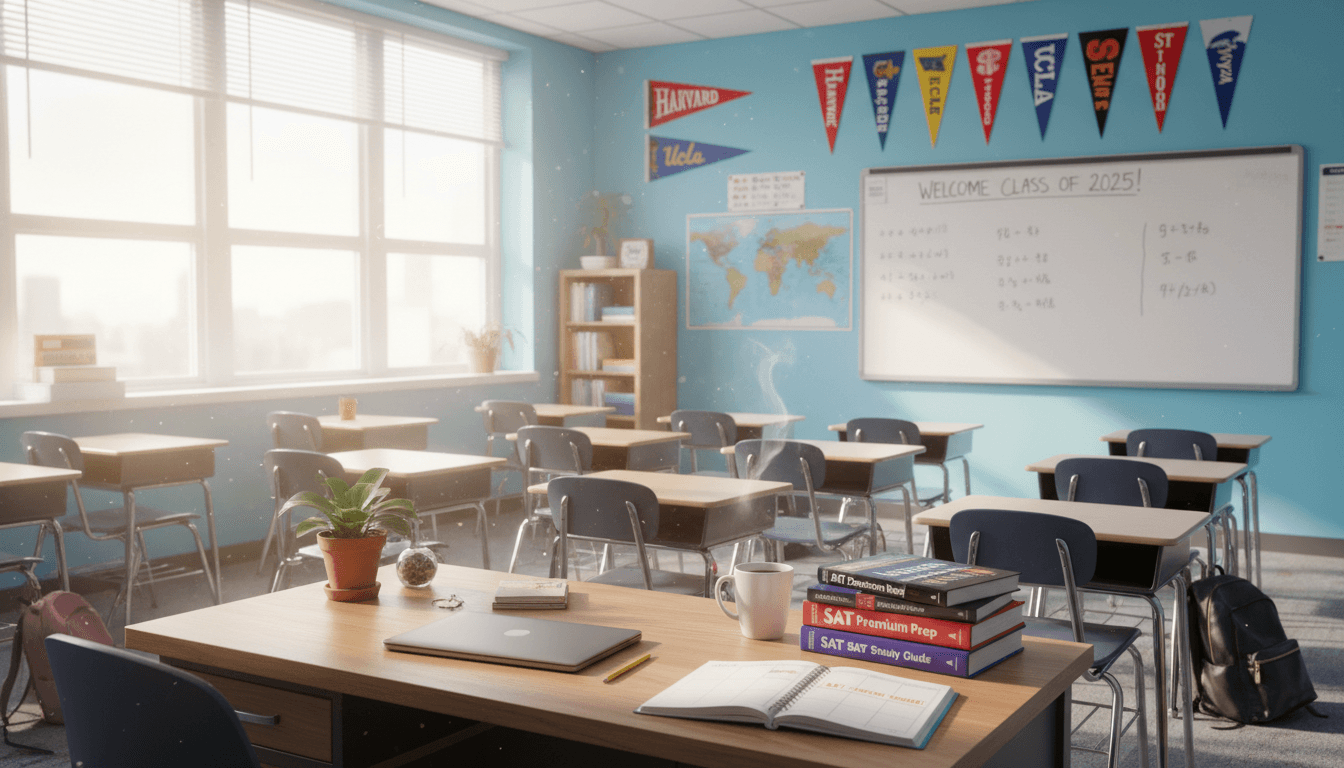 Eleventh grade classroom August with college pennants and SAT prep books visible on teacher desk