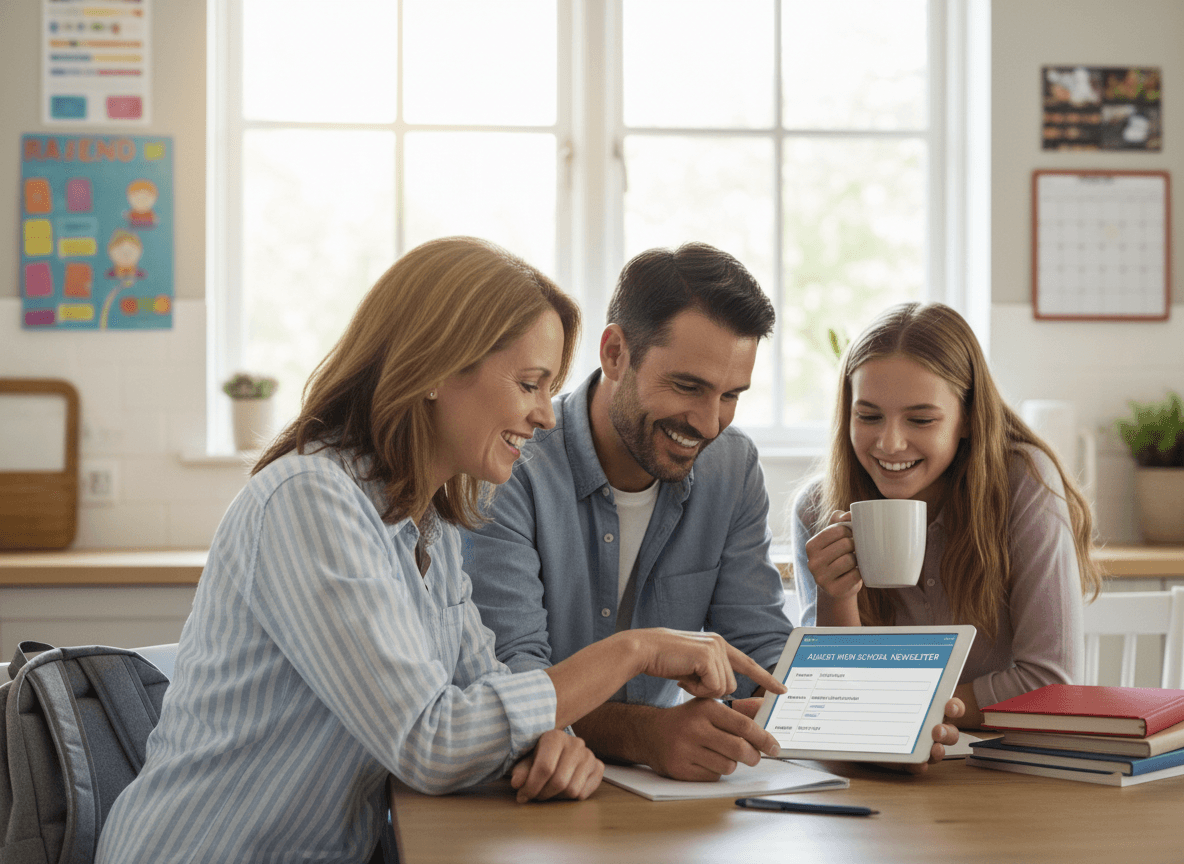 Family reviewing August high school newsletter on tablet with first-day schedule, parking permit info, and supply checklist