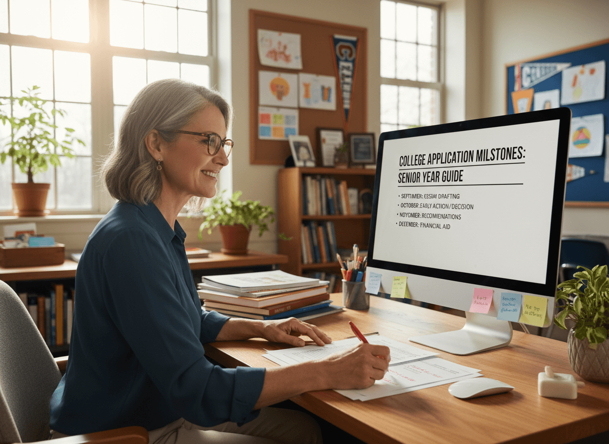 Senior year teacher reviewing college application timeline newsletter draft on computer