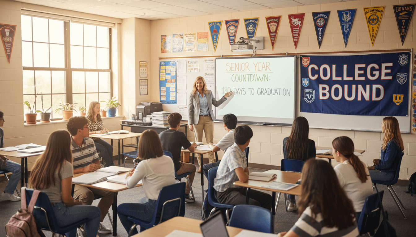 Twelfth grade classroom August back-to-school with senior year countdown board and college banner