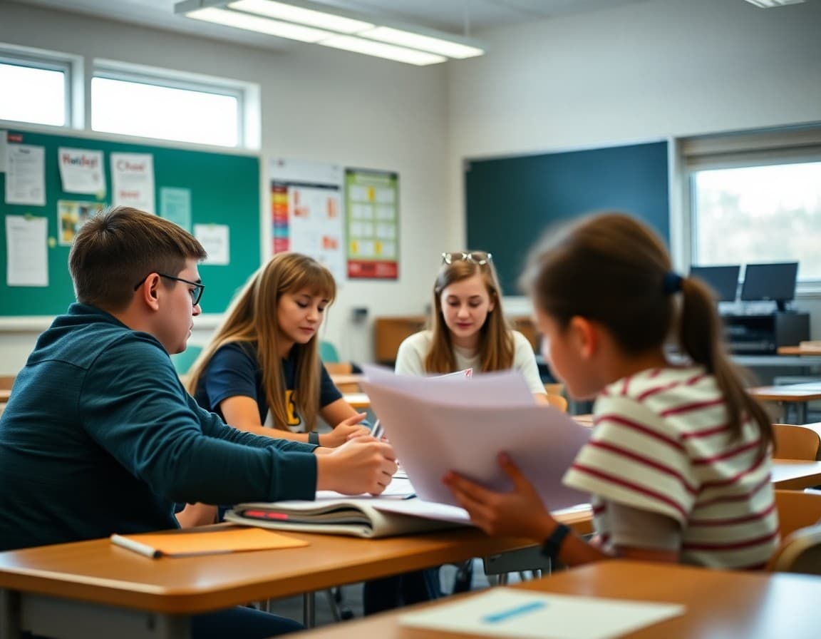 Arizona high school students working in a classroom with teacher reviewing course materials