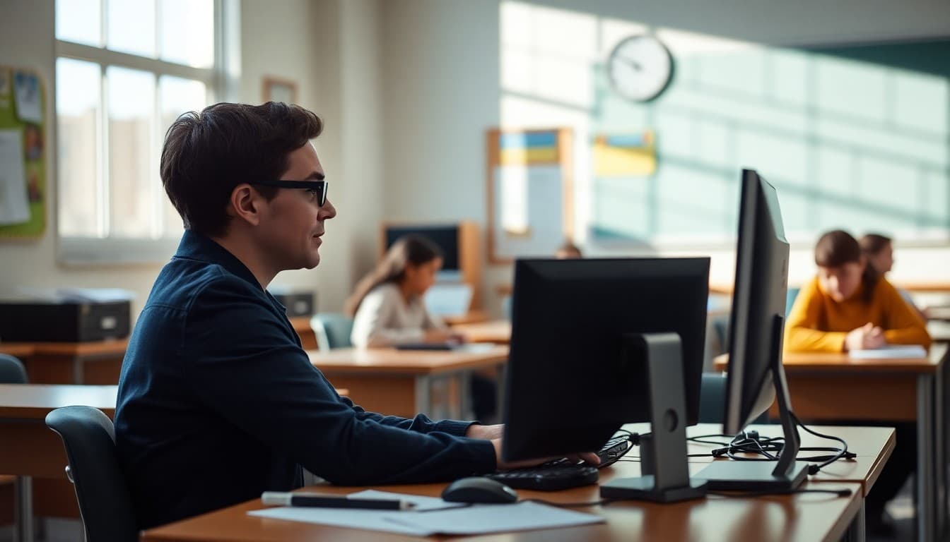 High school teacher in Arizona drafting a parent newsletter at a computer in a classroom