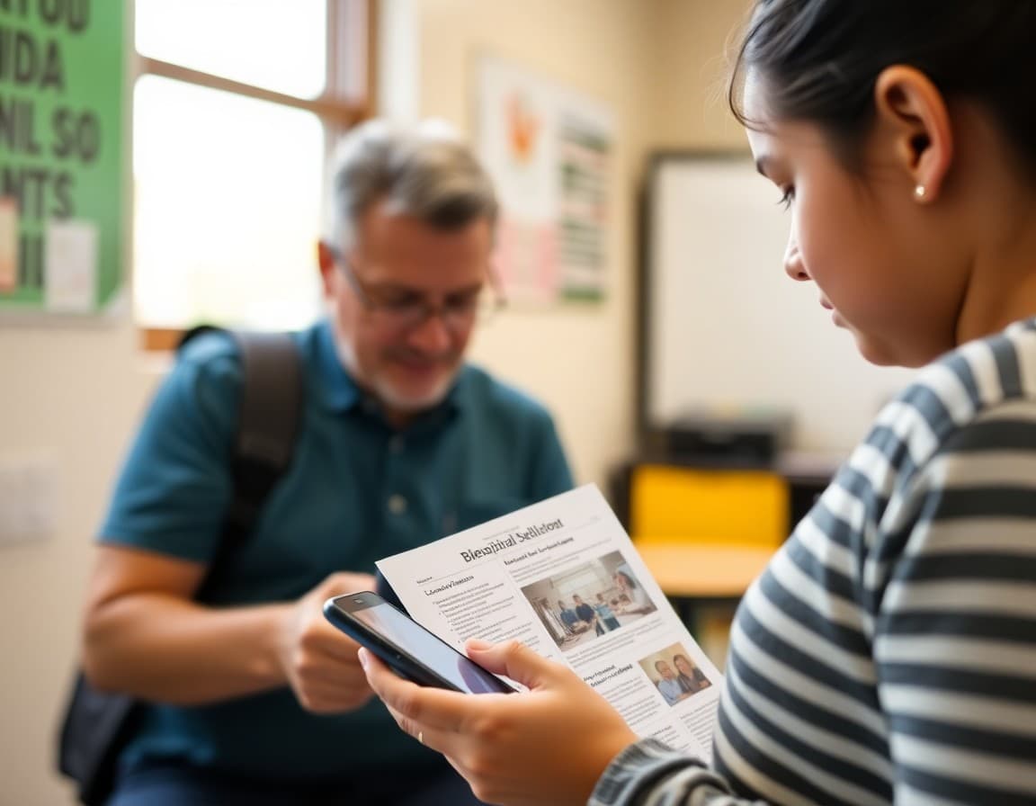 Arizona parent reading a bilingual school newsletter on a phone
