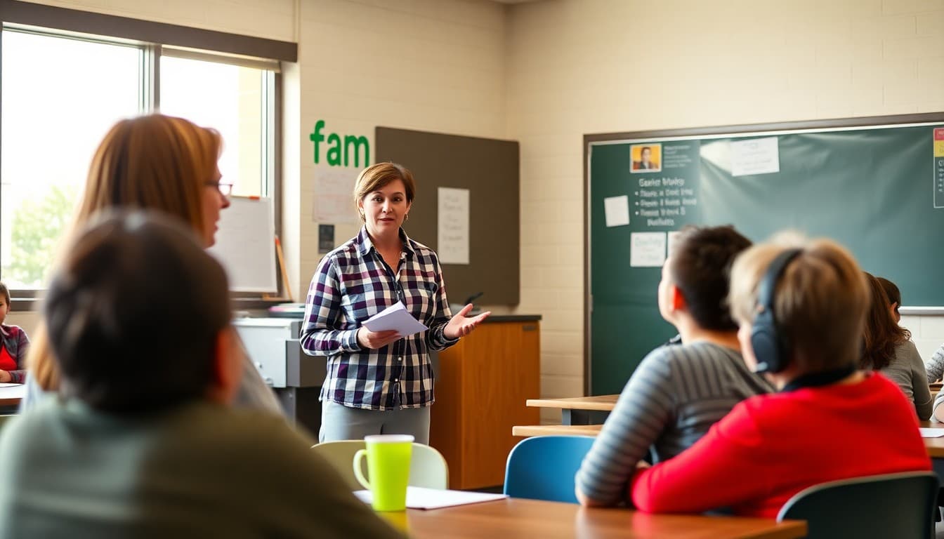 Arizona high school teacher presenting course information to parents at a back-to-school night event