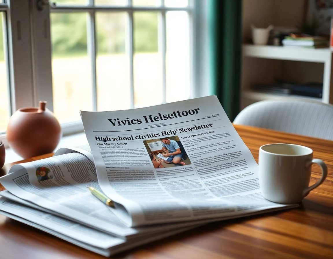 High school civics parent help newsletter printed beside a newspaper and a cup of coffee at home