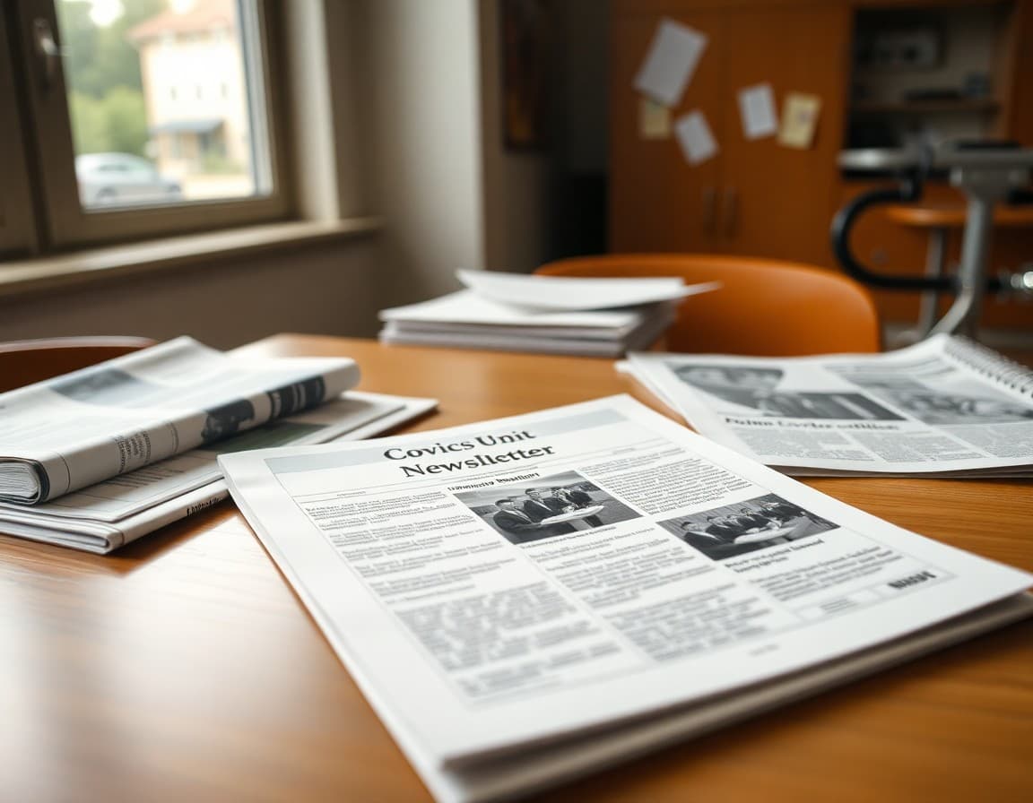 High school civics unit newsletter printed beside course materials and a newspaper on a desk