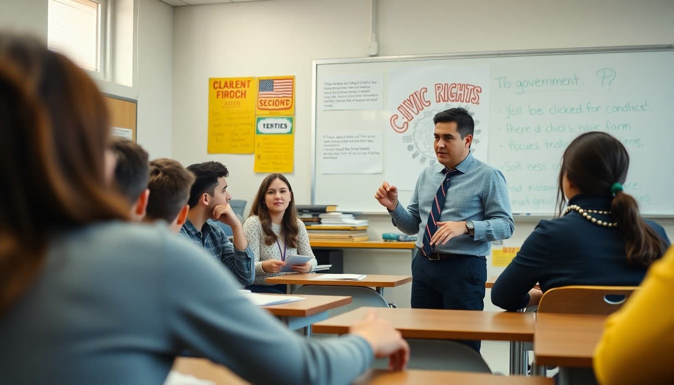 High school civics teacher leading a discussion about government and civic rights in class