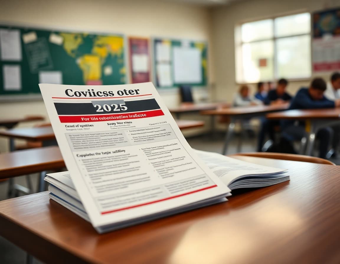 Beginning of year civics newsletter for 9th grade beside a course syllabus on a classroom desk