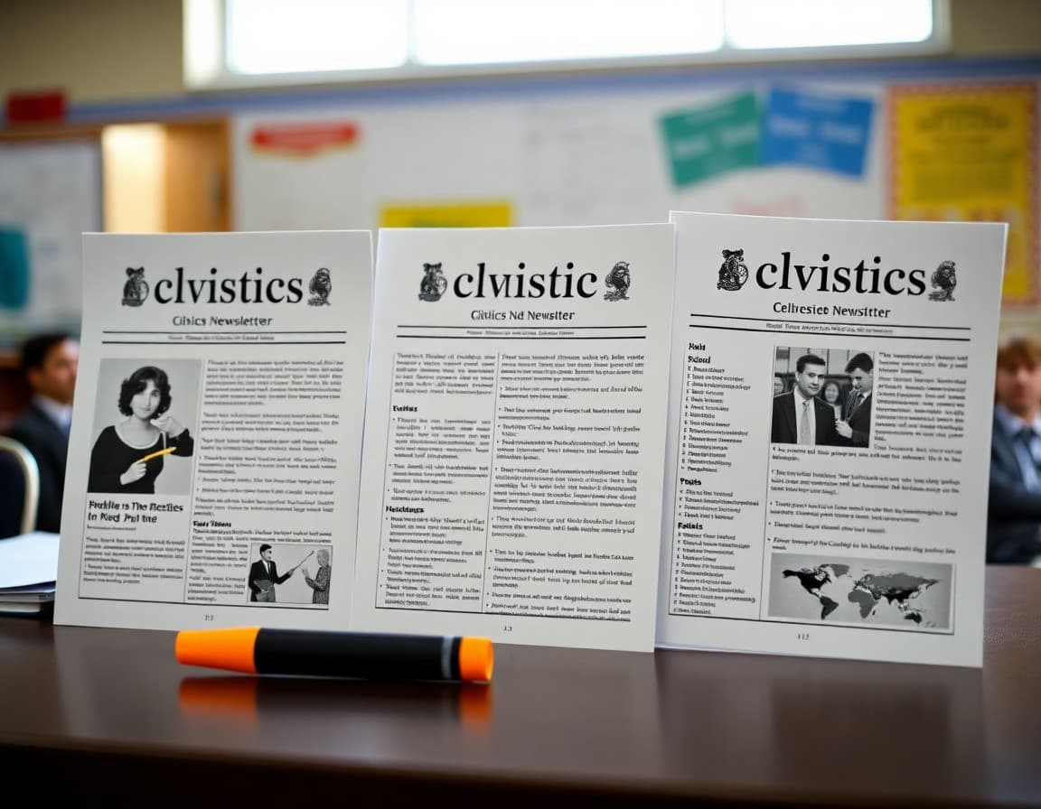 Three civics newsletter examples for 9th grade shown side by side on a desk with a highlighter