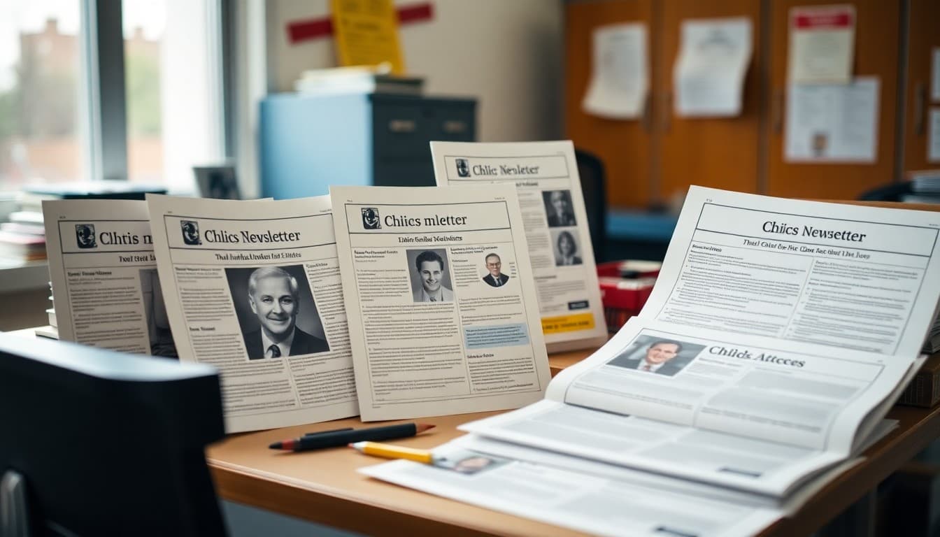 Multiple 9th grade civics newsletter examples printed and organized on a high school teacher's desk