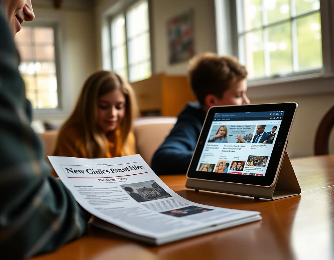 9th grade civics parent help newsletter printed beside a tablet showing a news website at home