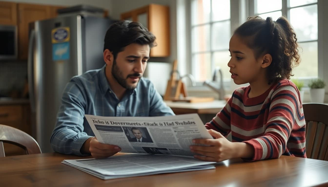 Parent and ninth grade student discussing a government news story together at a kitchen table