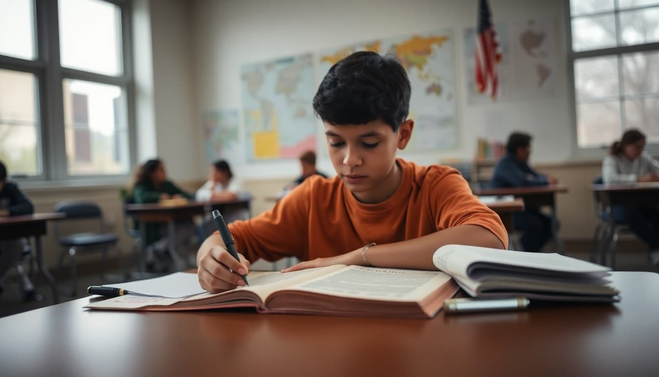 Ninth grade student studying civics at a desk with the Constitution and notes spread out