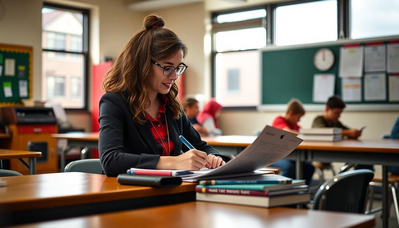 High school teacher in Colorado drafting a parent newsletter at a desk in a high school classroom