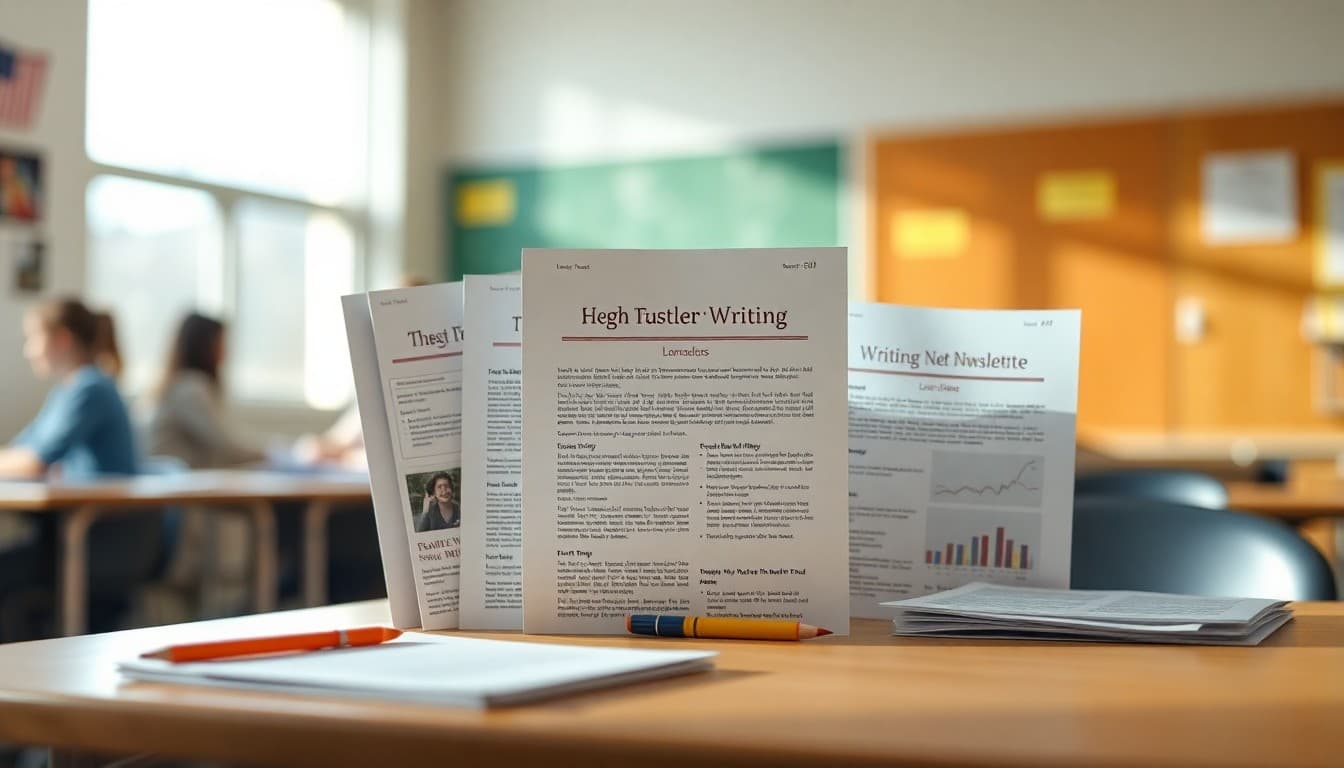 Collection of high school creative writing teacher newsletter examples on a desk