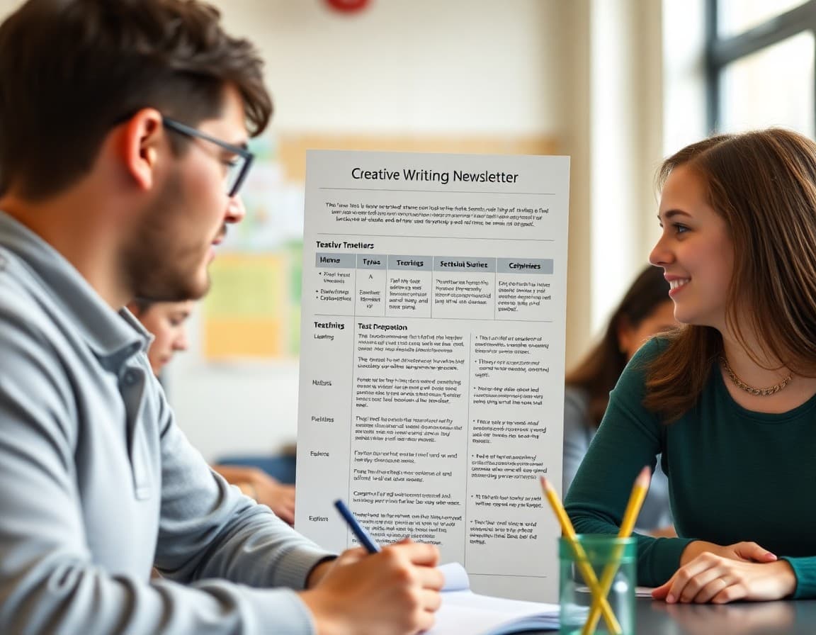 High school creative writing teacher newsletter with test preparation timeline and strategies