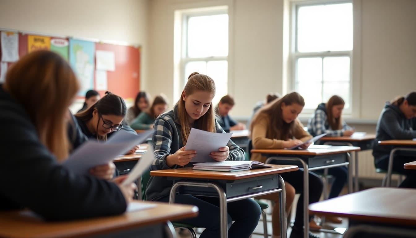 High school students reviewing creative writing test prep materials at their desks before exam