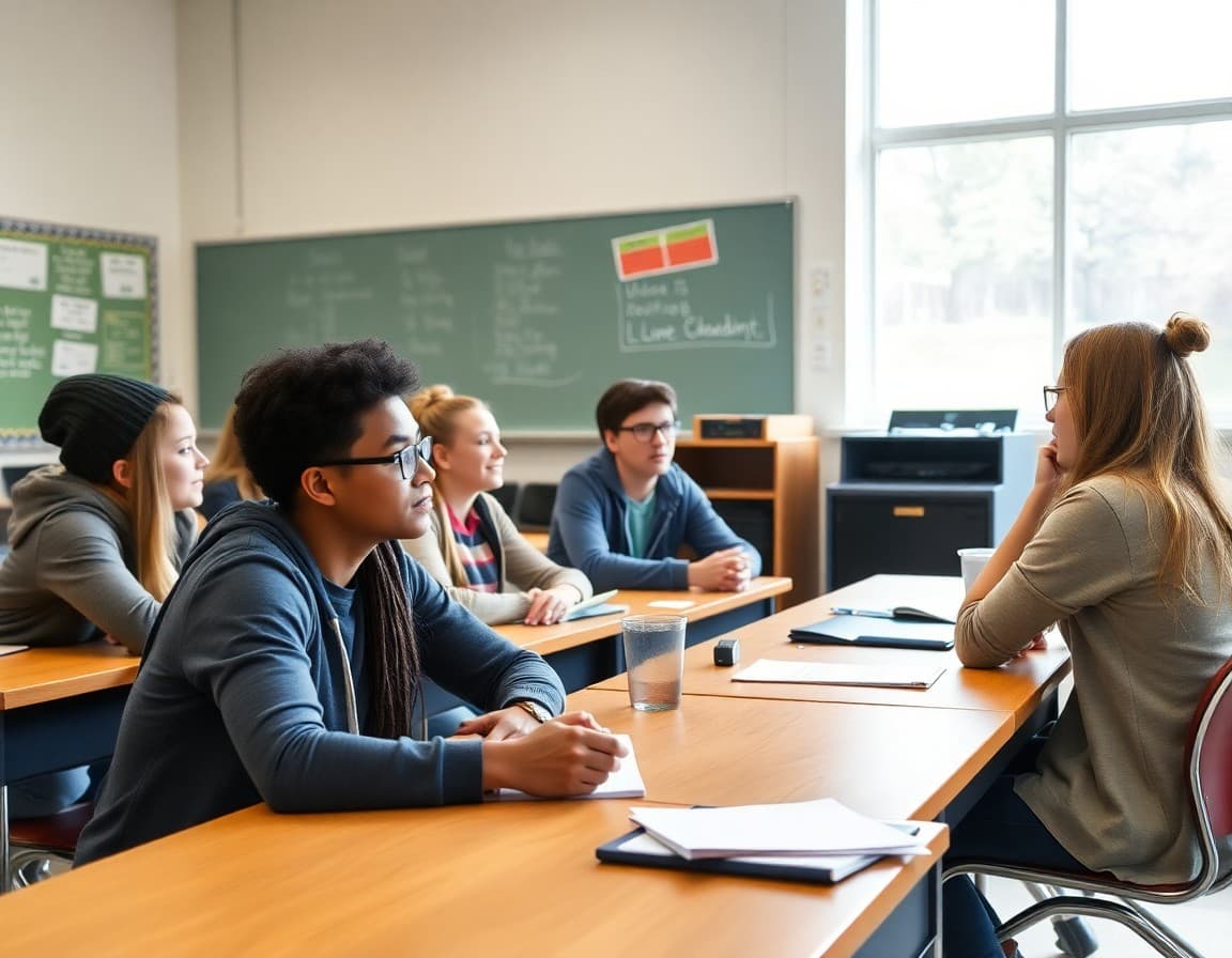 Connecticut high school students in a classroom with teacher discussing graduation requirements