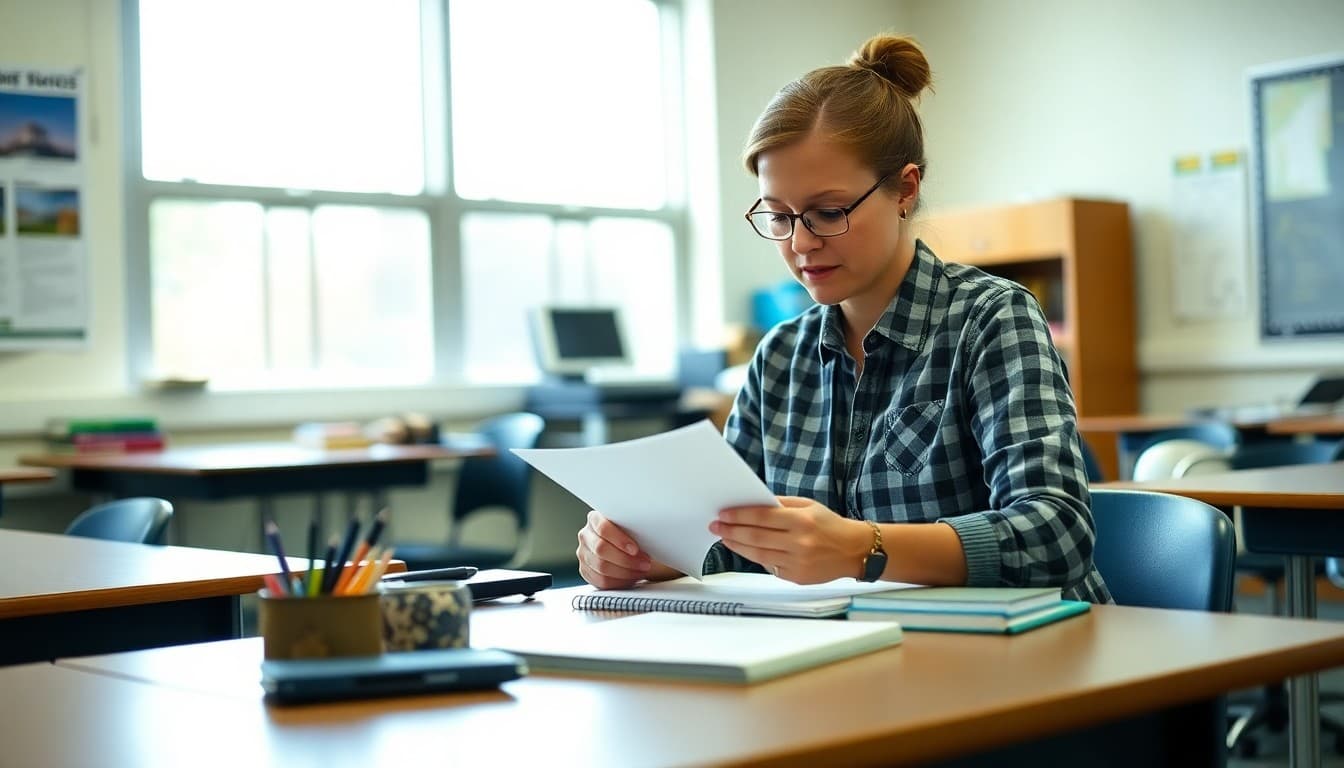 High school teacher in Connecticut drafting a parent newsletter at a desk in a classroom