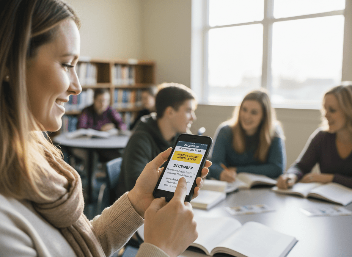 Parent reviewing December high school newsletter on phone with final exam dates, semester grade access, and winter break schedule