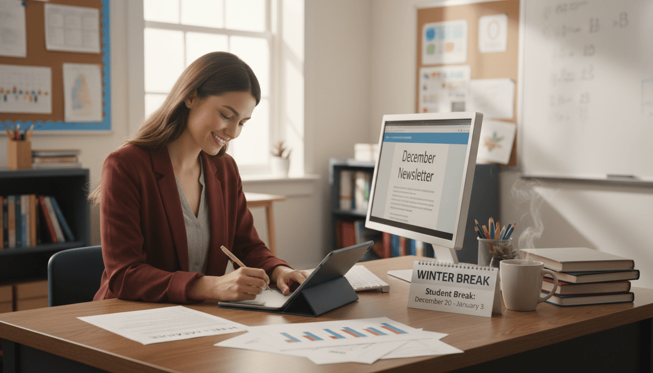 High school teacher writing December newsletter with final exam schedule, grade report, and winter break calendar on desk