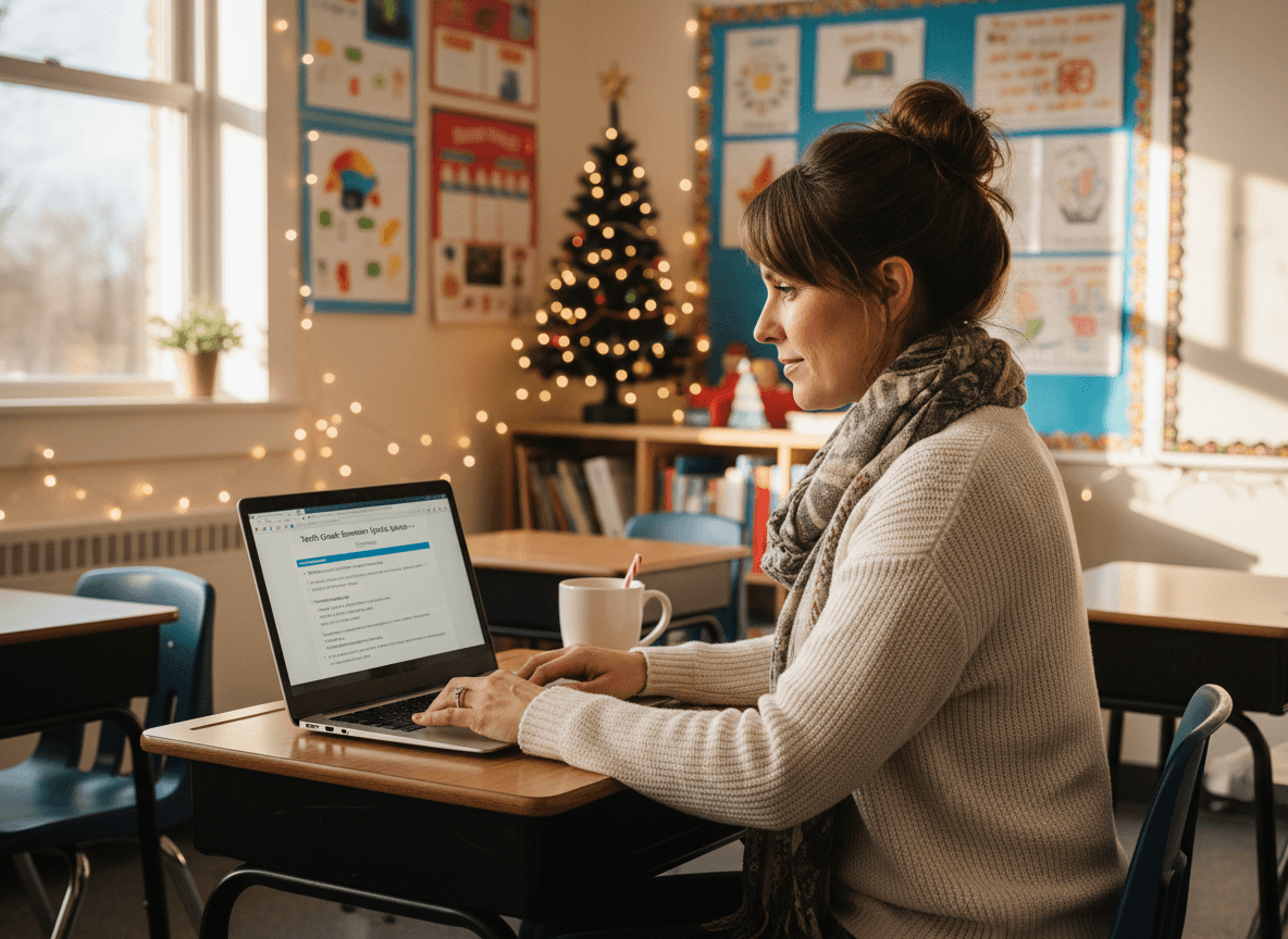 Tenth grade teacher sending final semester newsletter update on laptop in December