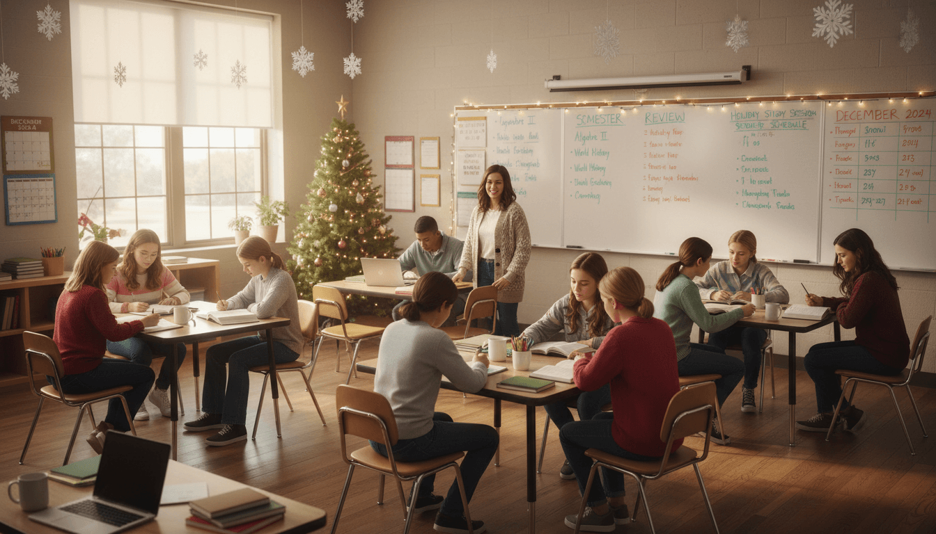 Tenth grade classroom December with semester review notes and holiday study session visible