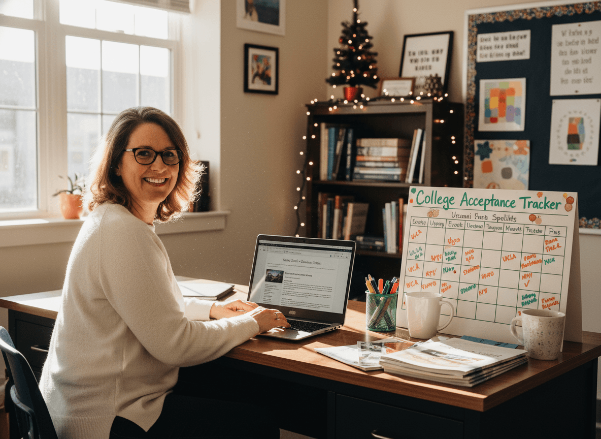 Senior year teacher composing December newsletter with college acceptance tracker on desk