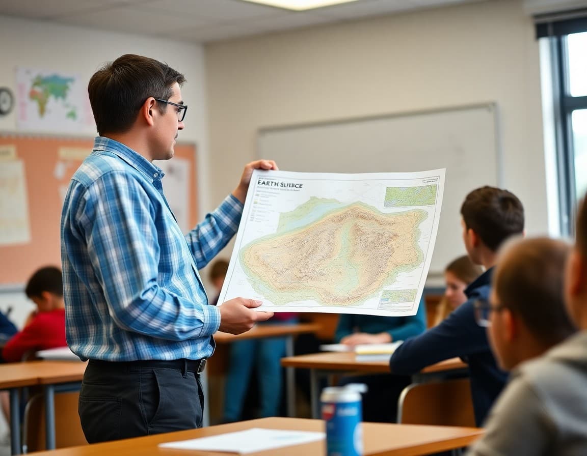 Earth science teacher showing a topographic map to a high school class during a field unit