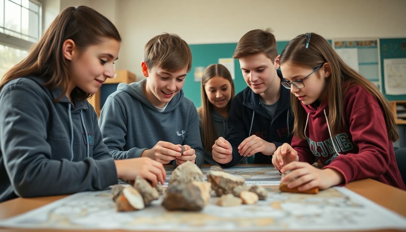 High school students examining rock samples and geological maps in an earth science class