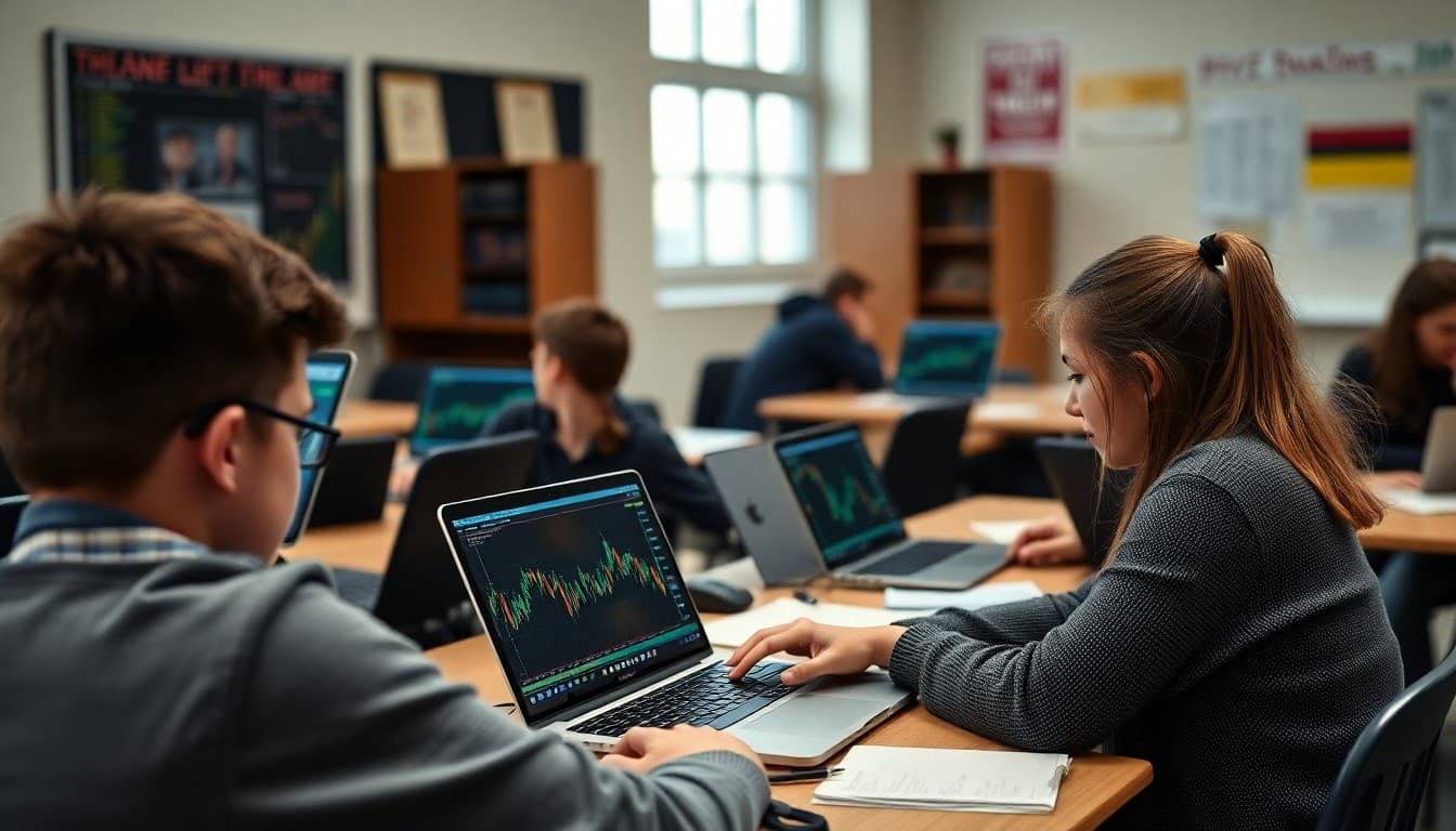High school economics class with students analyzing stock market charts on laptops