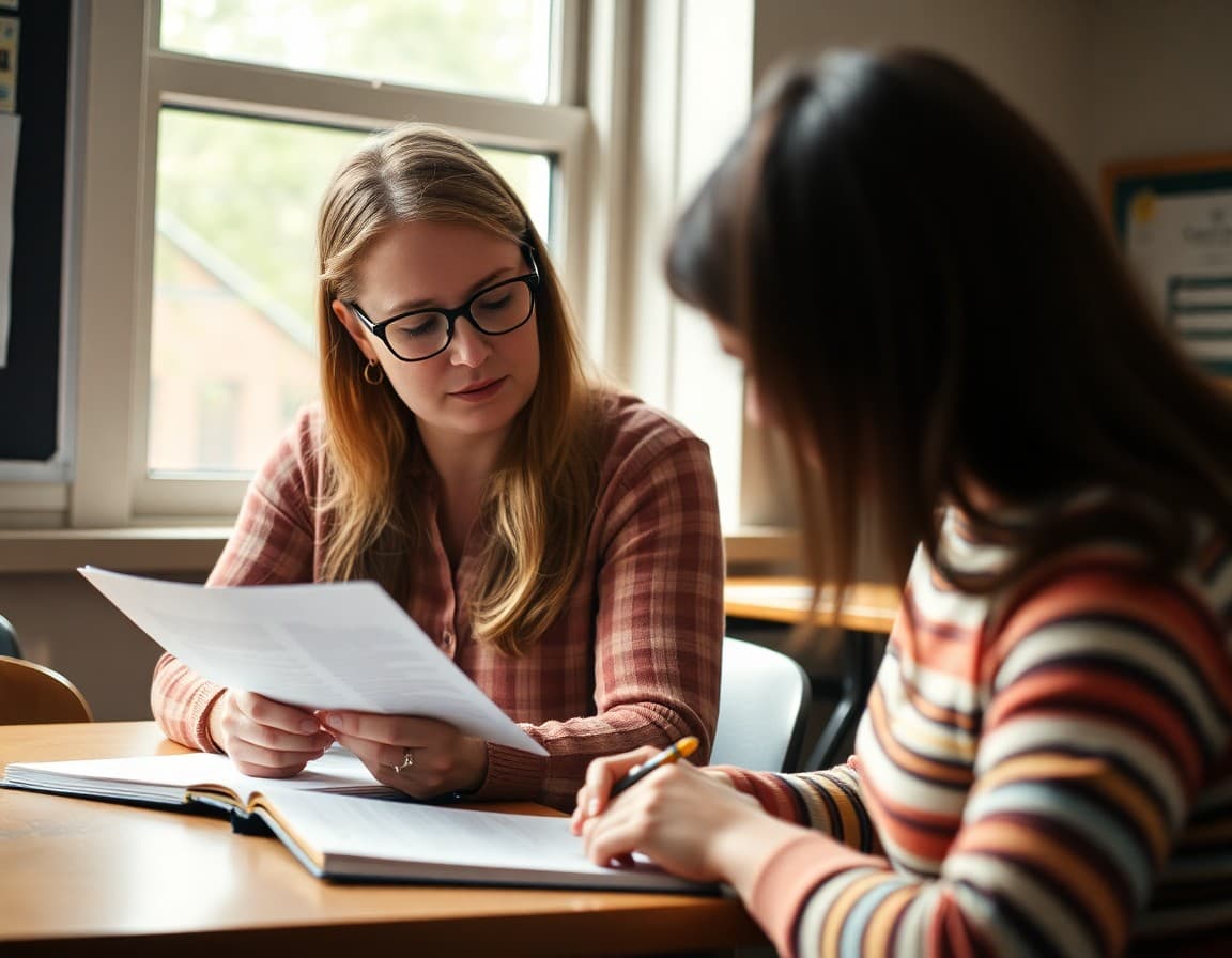 AP English teacher reading a student essay draft with detailed written feedback