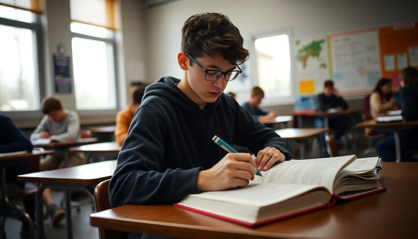 11th grade student annotating a book and writing notes in a college-prep English class