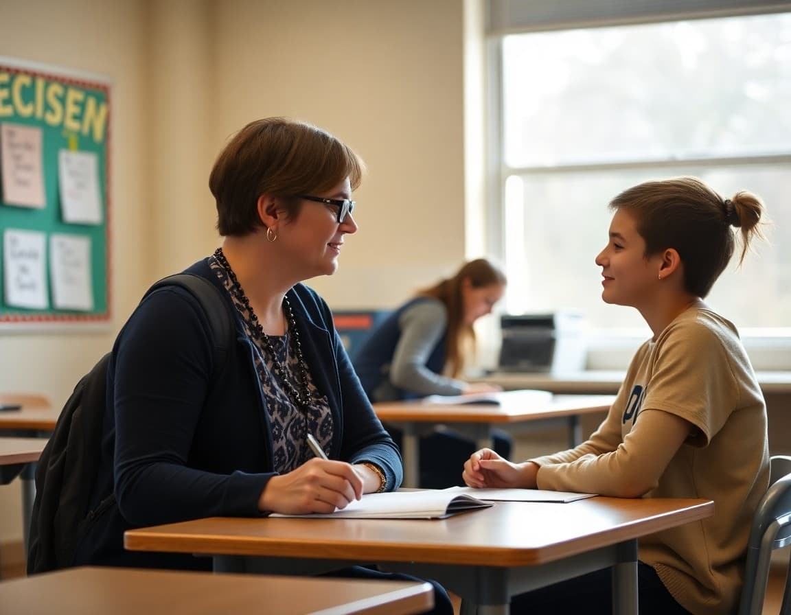 High school teacher meeting one-on-one with an 11th grade student about their academic goals