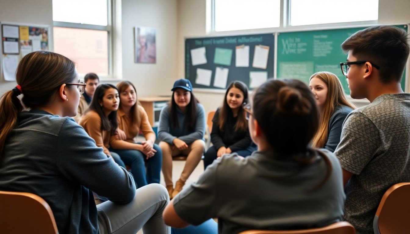 11th grade students engaged in a structured discussion circle in a high school classroom