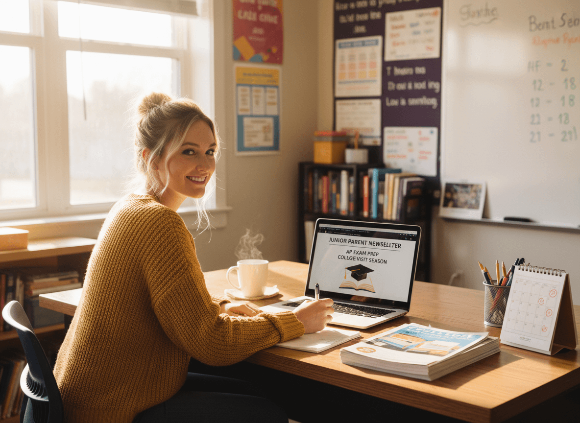 11th grade teacher writing a newsletter for junior parents to communicate AP exam prep and college visit season