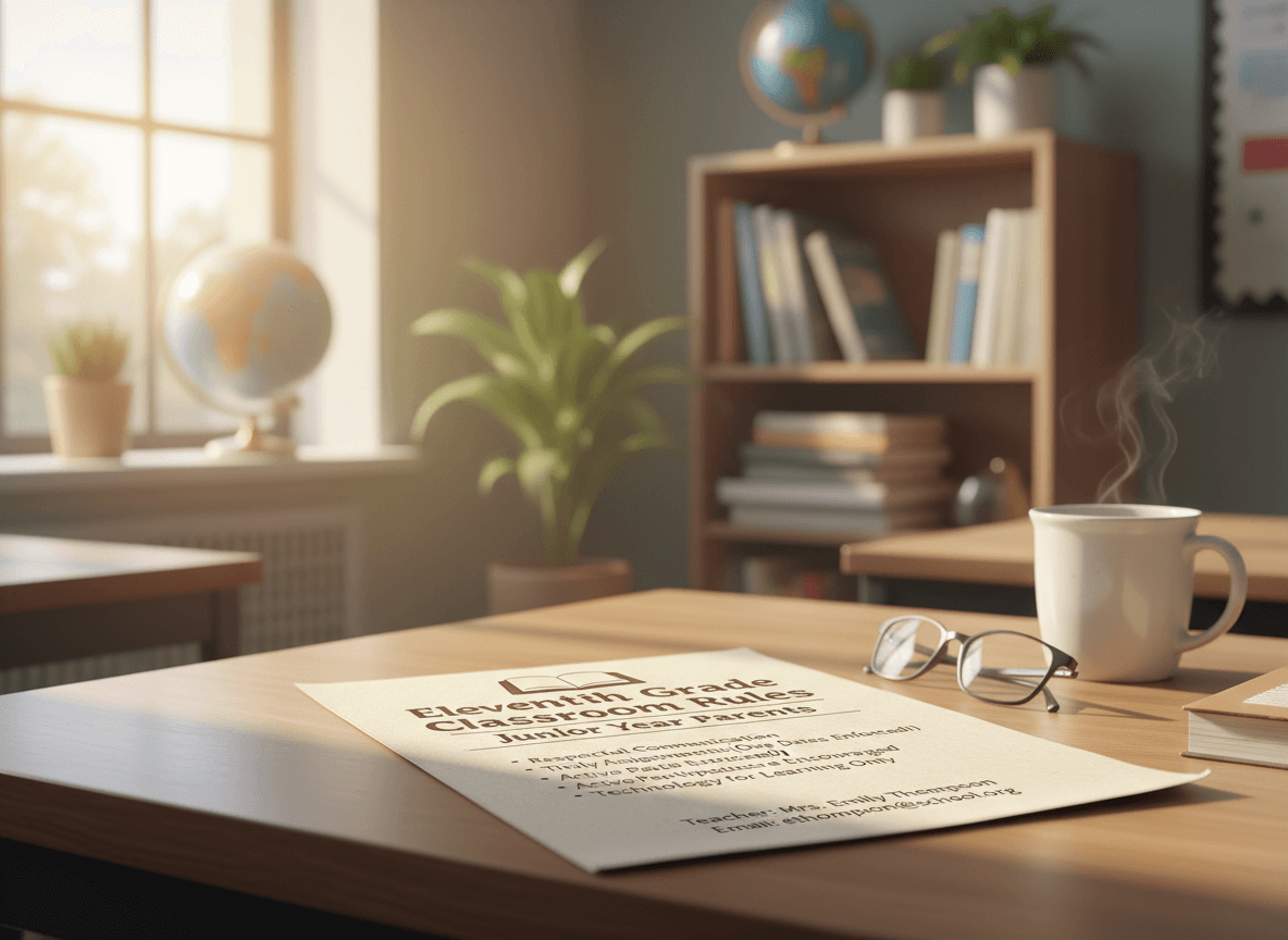 Printed eleventh grade classroom rules newsletter for junior year parents